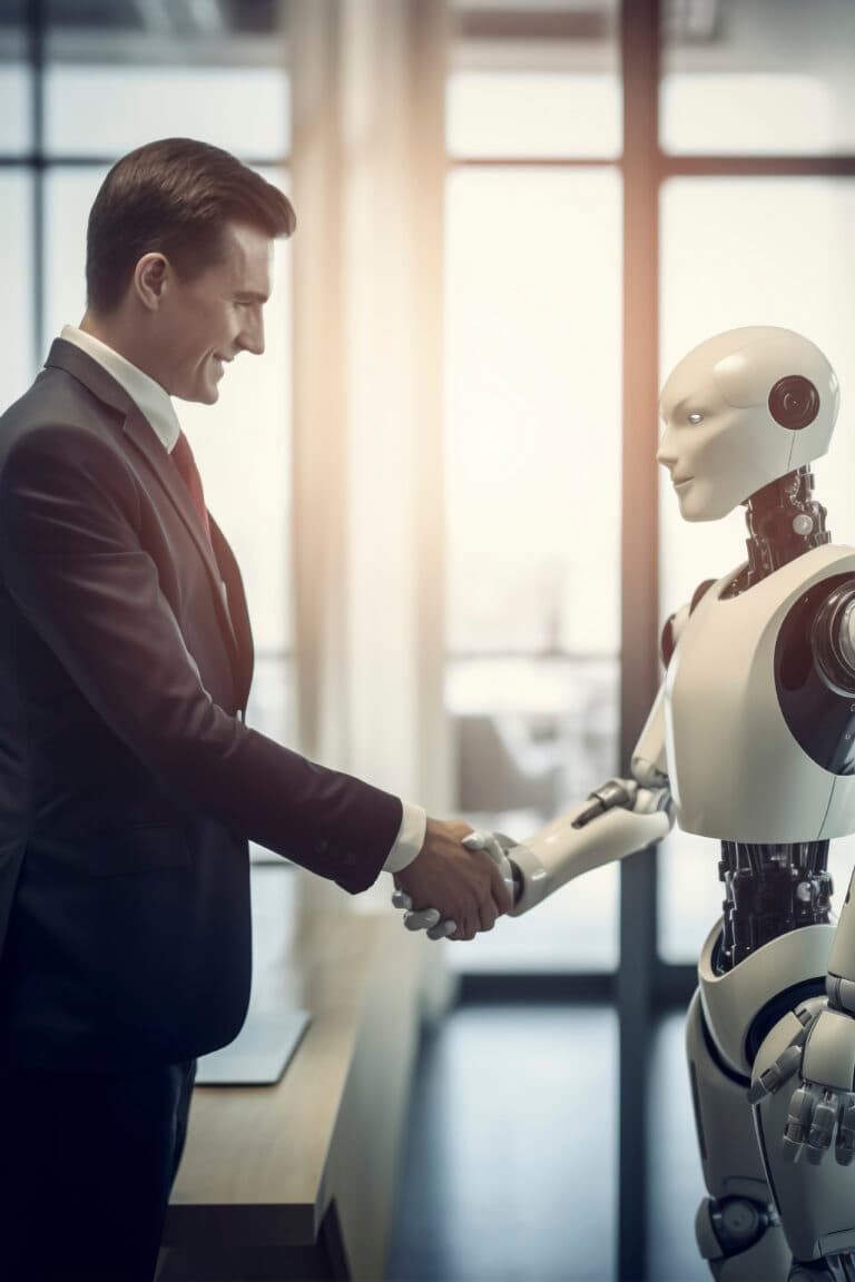 A professional shaking hands with an AI robot