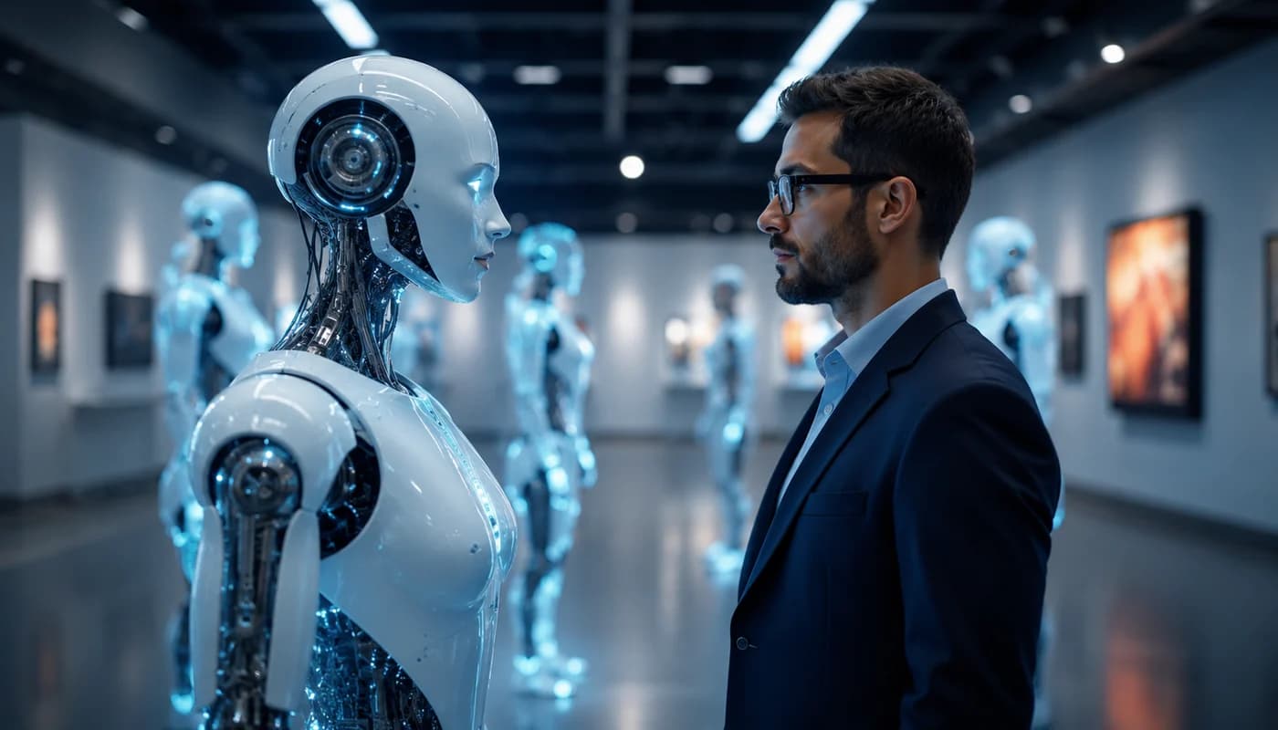 Product lead face-to-face with a humanoid AI in a modern studio gallery